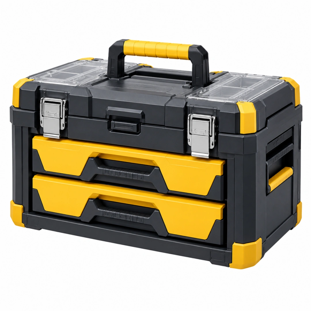 Caja de herramientas 55 x 30 x 35 cm de plástico negro y amarillo con cajones portátil