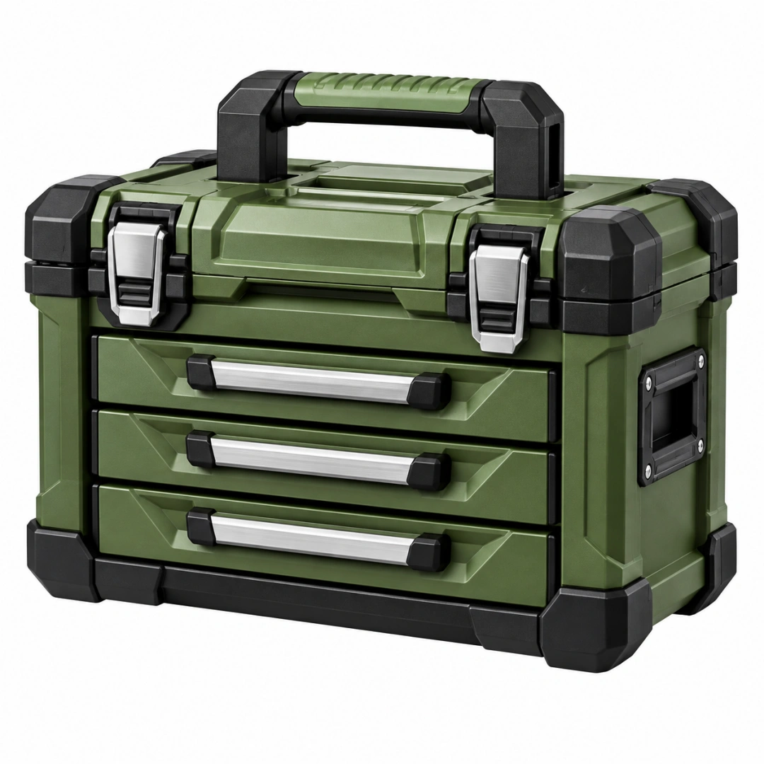 Caja de herramientas 50 x 30 x 35 cm de plástico verde y negro con 3 cajones portátil