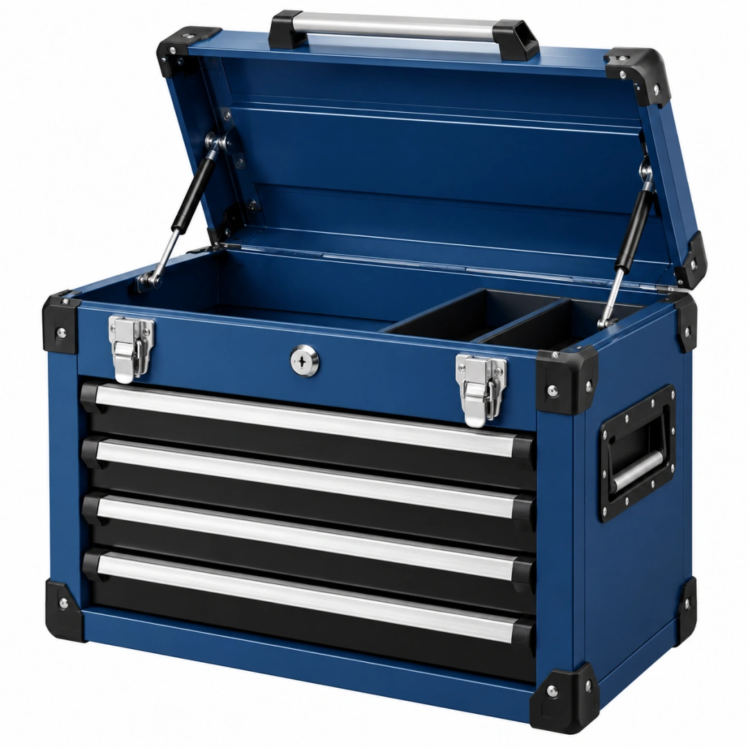 Caja de herramientas 60 x 30 x 40 cm de acero azul con 4 cajones y tapa con cierre