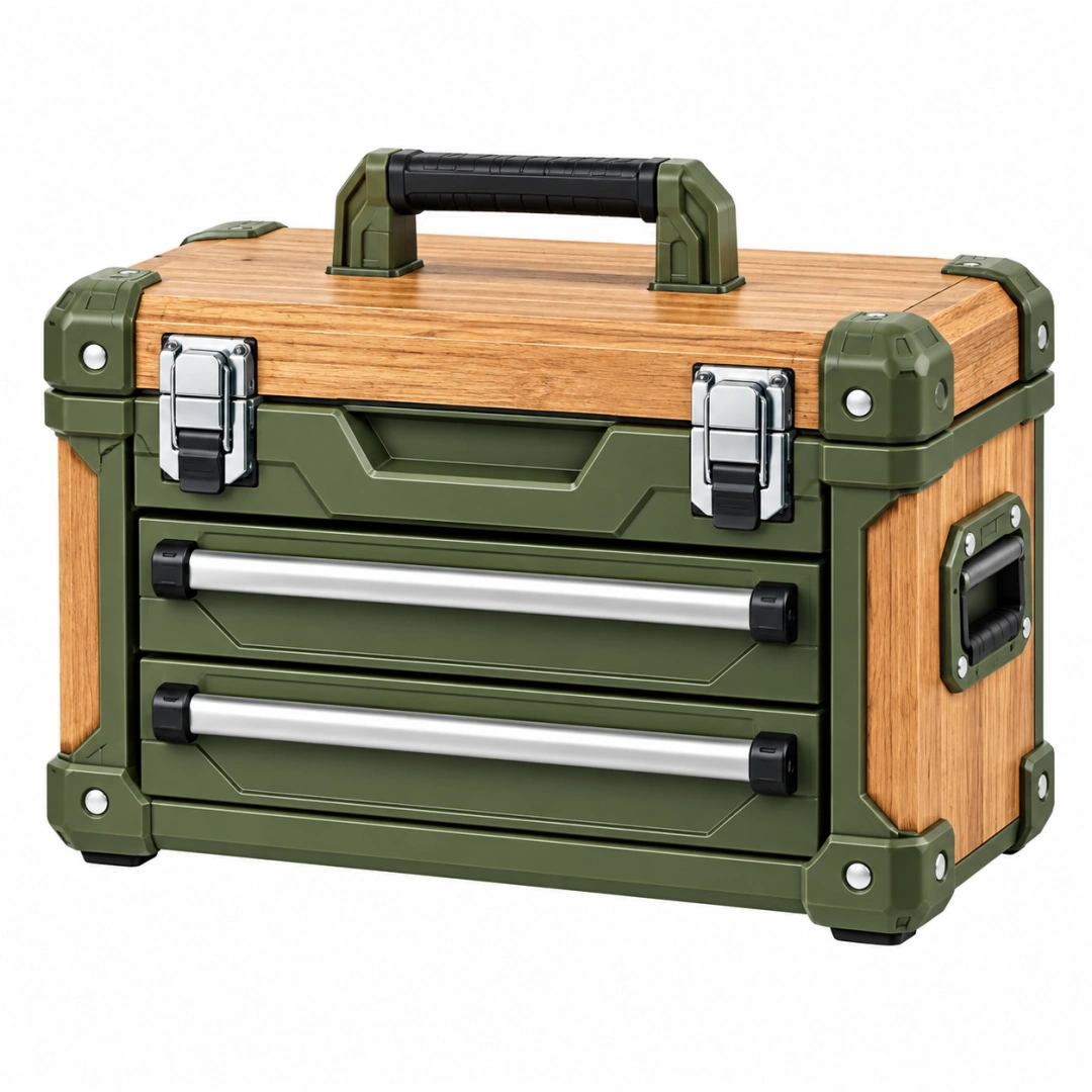 Caja de herramientas 50 x 28 x 35 cm de madera y plástico verde con 2 cajones portátil