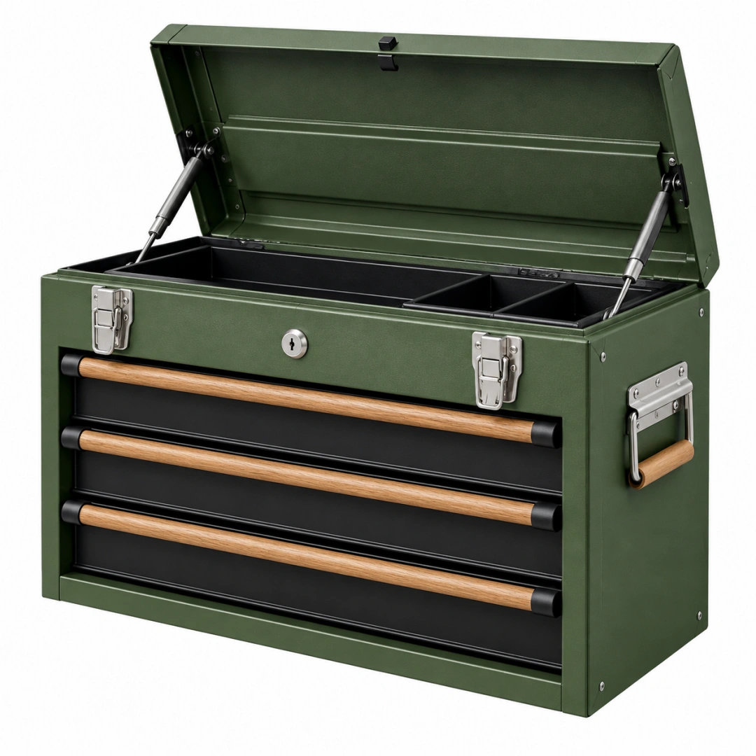 Caja de herramientas 70 x 35 x 50 cm de metal verde con cajones y tapa elevable