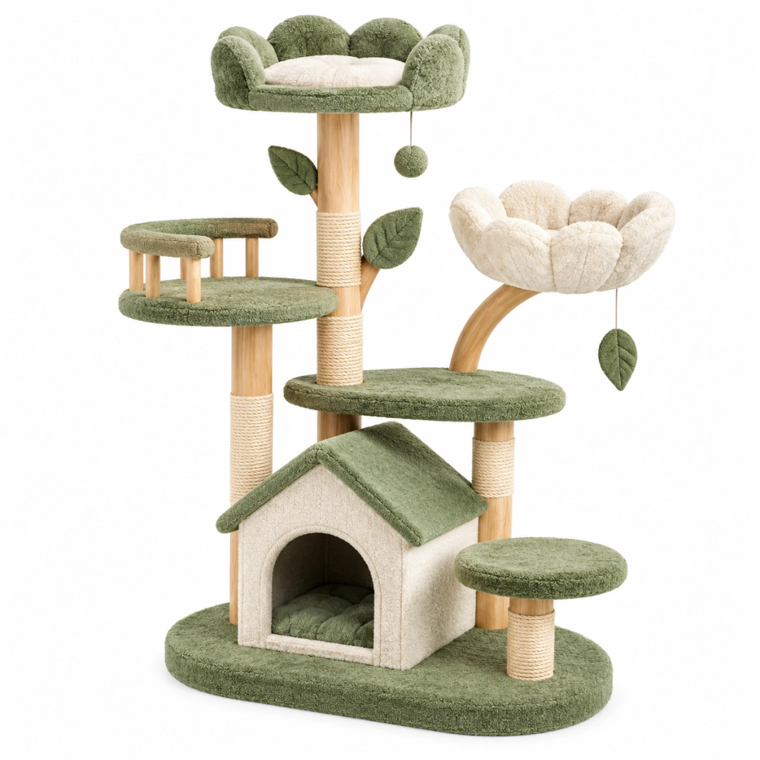 Árbol rascador para gatos 60 x 50 x 150 cm de madera y felpa verde y crema con refugio