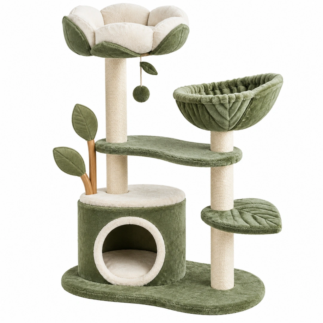 Árbol rascador para gatos 60 x 45 x 120 cm de sisal verde y crema con cueva y plataformas