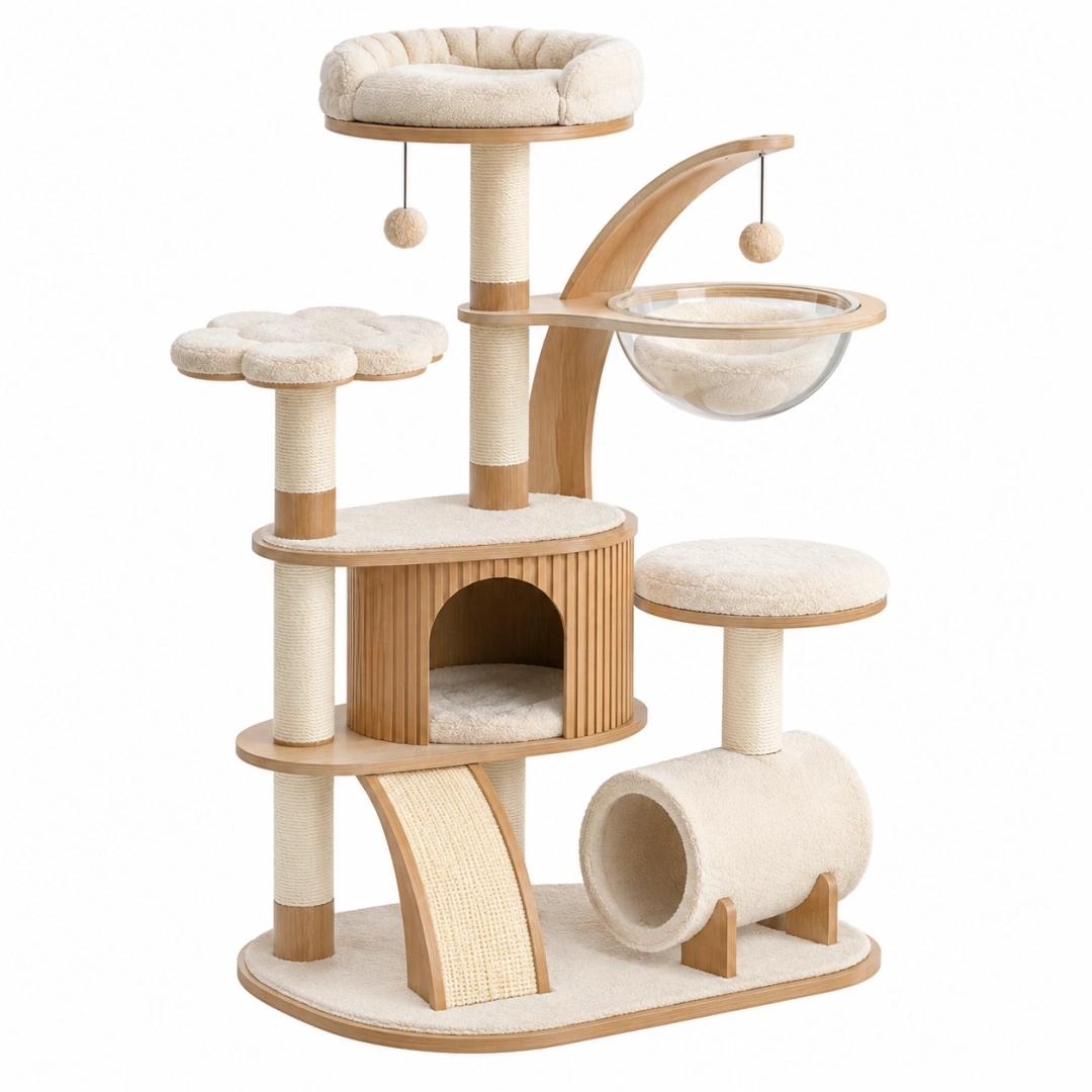 Árbol rascador para gatos 100 x 60 x 170 cm de madera beige con sisal y zonas de descanso