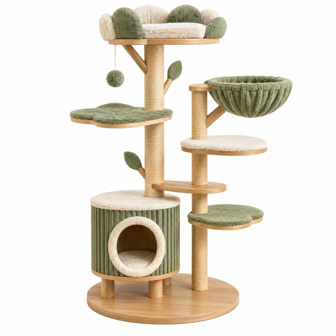 Árbol rascador para gatos 70 x 50 x 160 cm de madera y sisal verde beige con plataformas y cueva