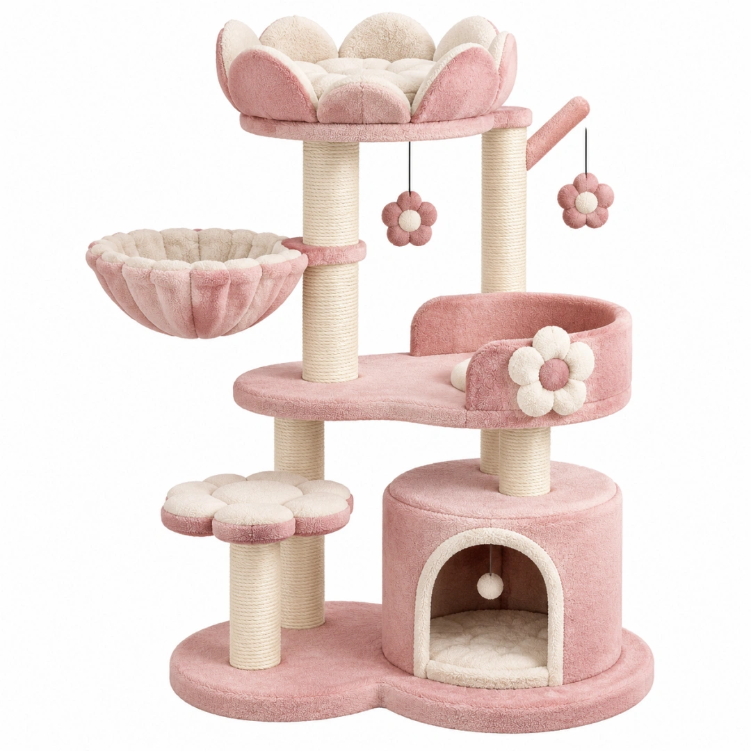 Árbol rascador para gatos 60 x 50 x 150 cm de felpa rosa con postes de sisal y refugio