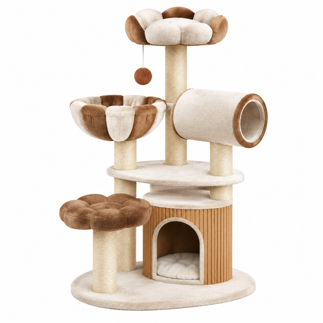 Árbol rascador para gatos 60 x 60 x 145 cm de sisal y felpa beige/marrón con cueva y túnel