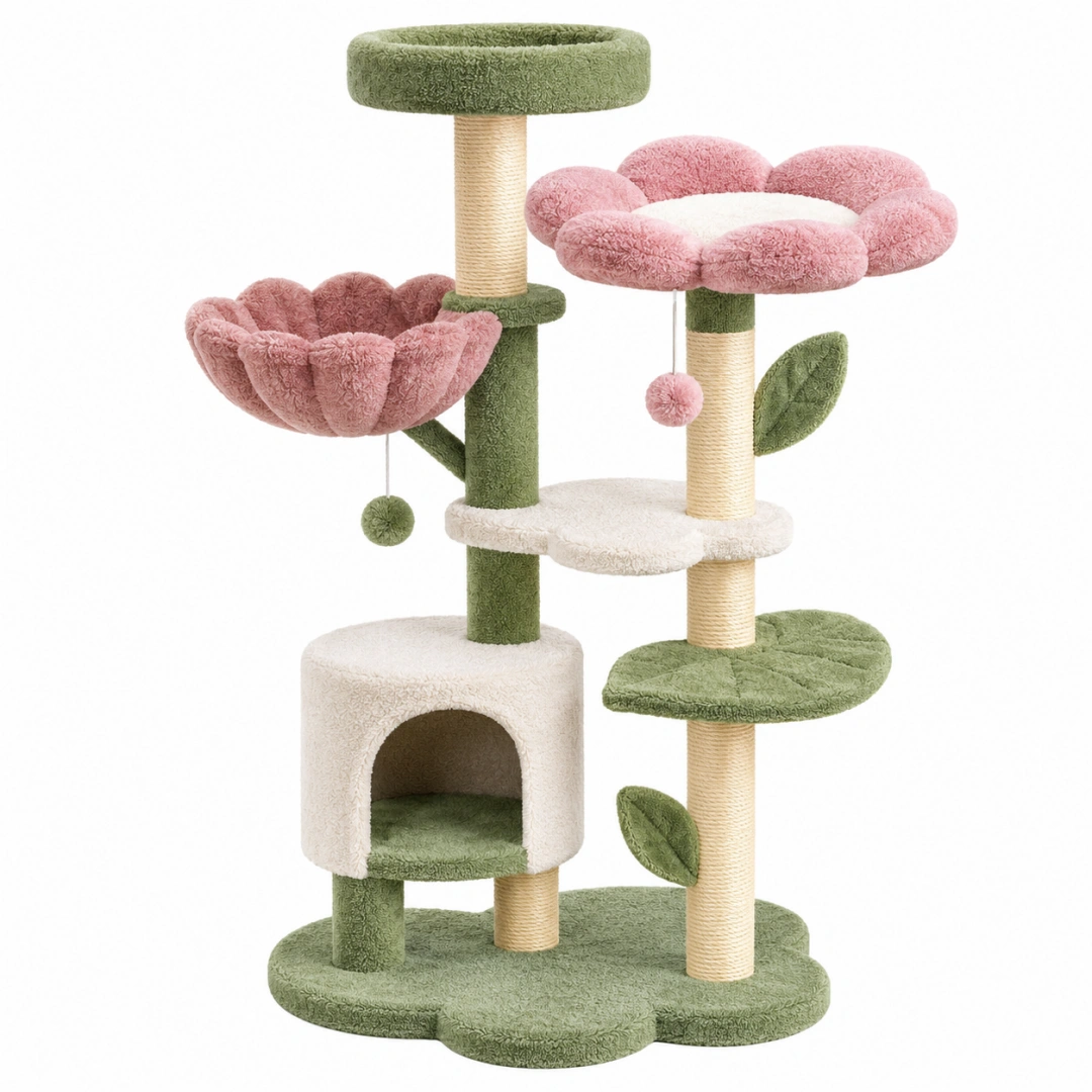 Árbol para gatos 60 x 50 x 140 cm de felpa verde rosa y crema con rascadores de sisal y zonas de descanso