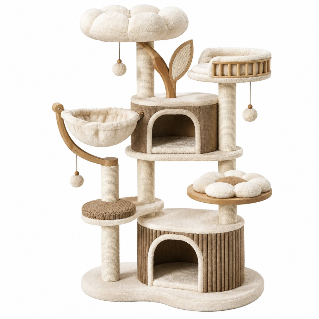 Árbol rascador para gatos 100 x 60 x 170 cm de sisal y madera crema marrón con casetas y hamaca