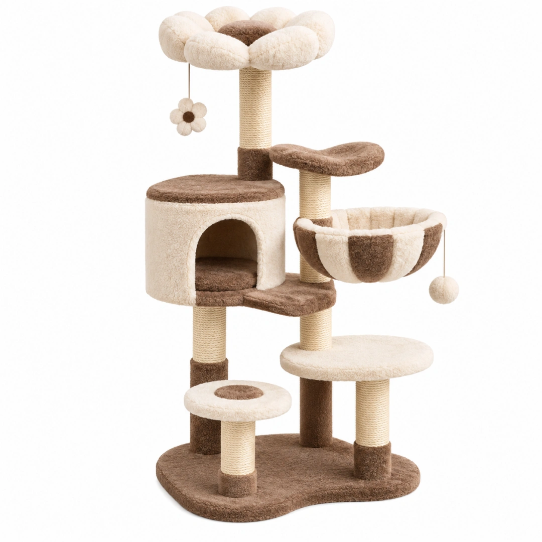 Árbol rascador para gatos 60 x 50 x 145 cm de sisal y felpa crema marrón con cueva y hamaca