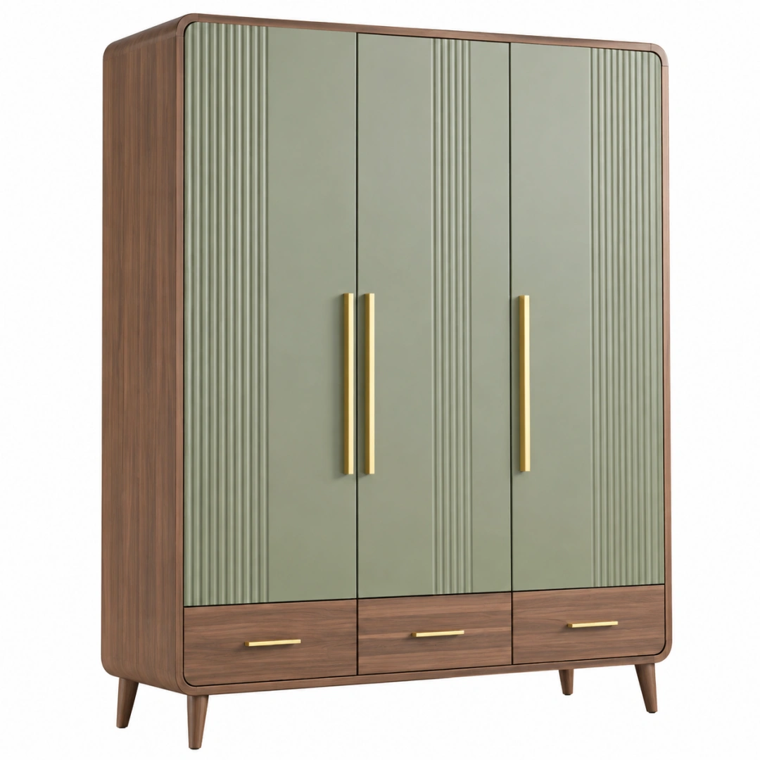 Armario 120 x 55 x 190 cm de madera verde salvia y nogal con 3 puertas 3 cajones estilo moderno