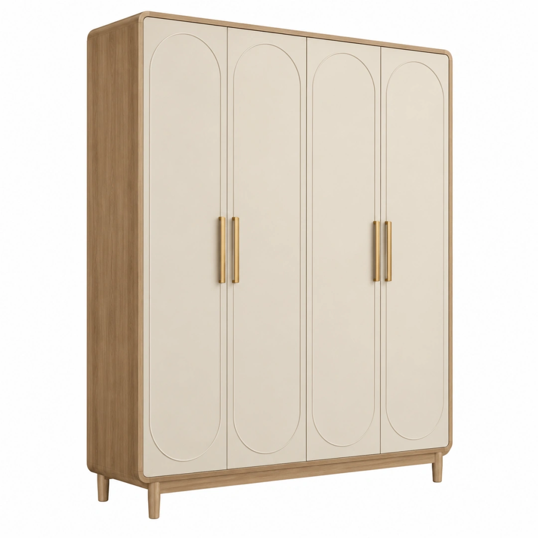 Armario 180 x 55 x 200 cm de madera beige y natural de 4 puertas estilo moderno