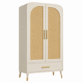 Armario 90 x 45 x 180 cm de madera beige con ratán - estilo retro con dos puertas y cajón