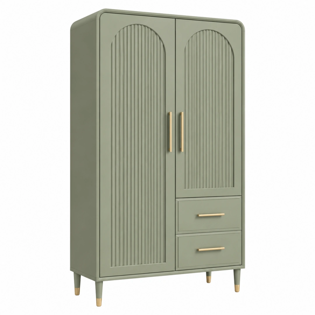 Armario 90 x 45 x 180 cm de madera verde salvia con 2 puertas y cajones estilo contemporáneo