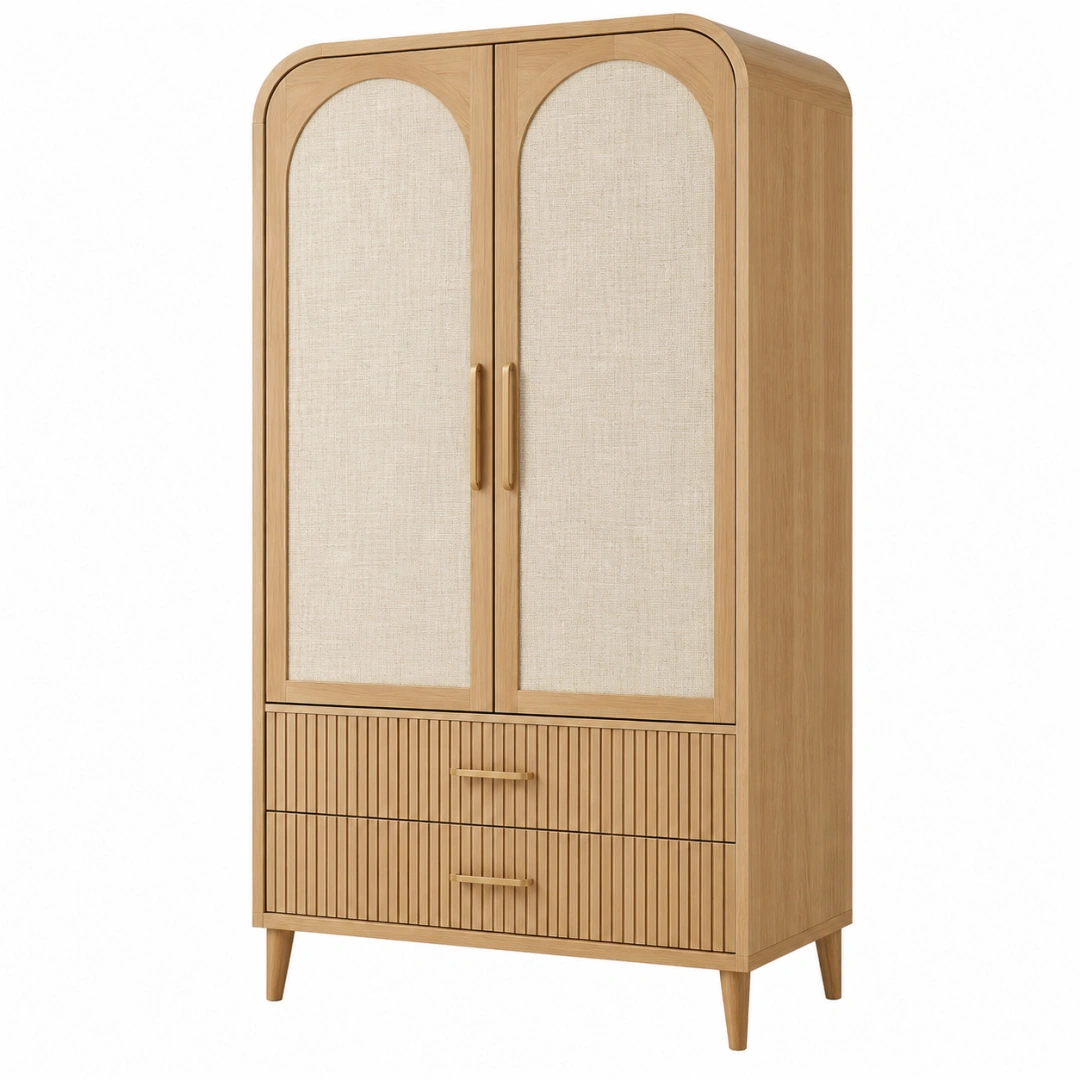 Armario 90 x 45 x 180 cm de madera natural y beige con puertas textiles cajones estilo nórdico