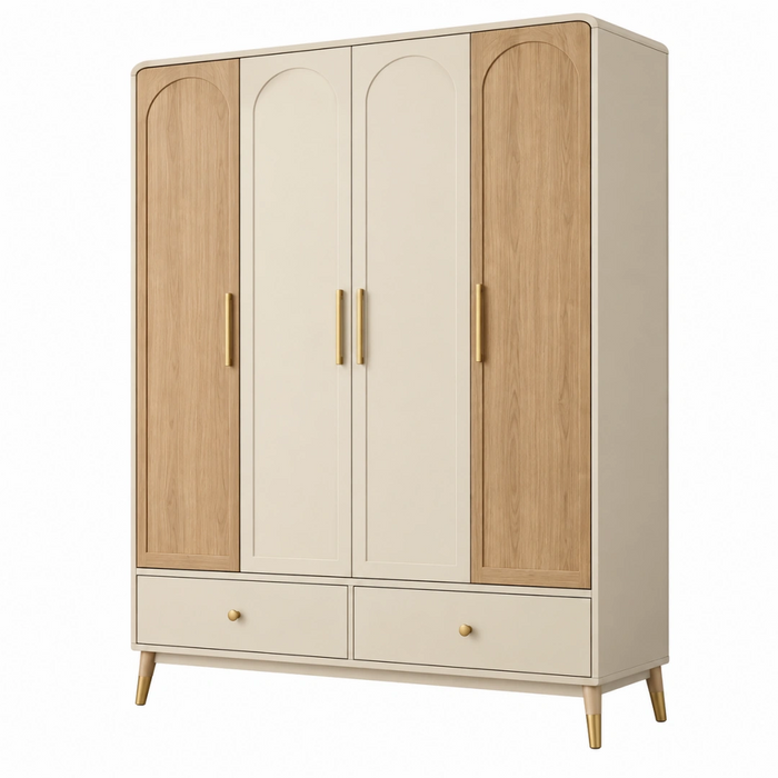 Armario 160 x 55 x 200 cm de madera beige y roble con 4 puertas y 2 cajones estilo moderno