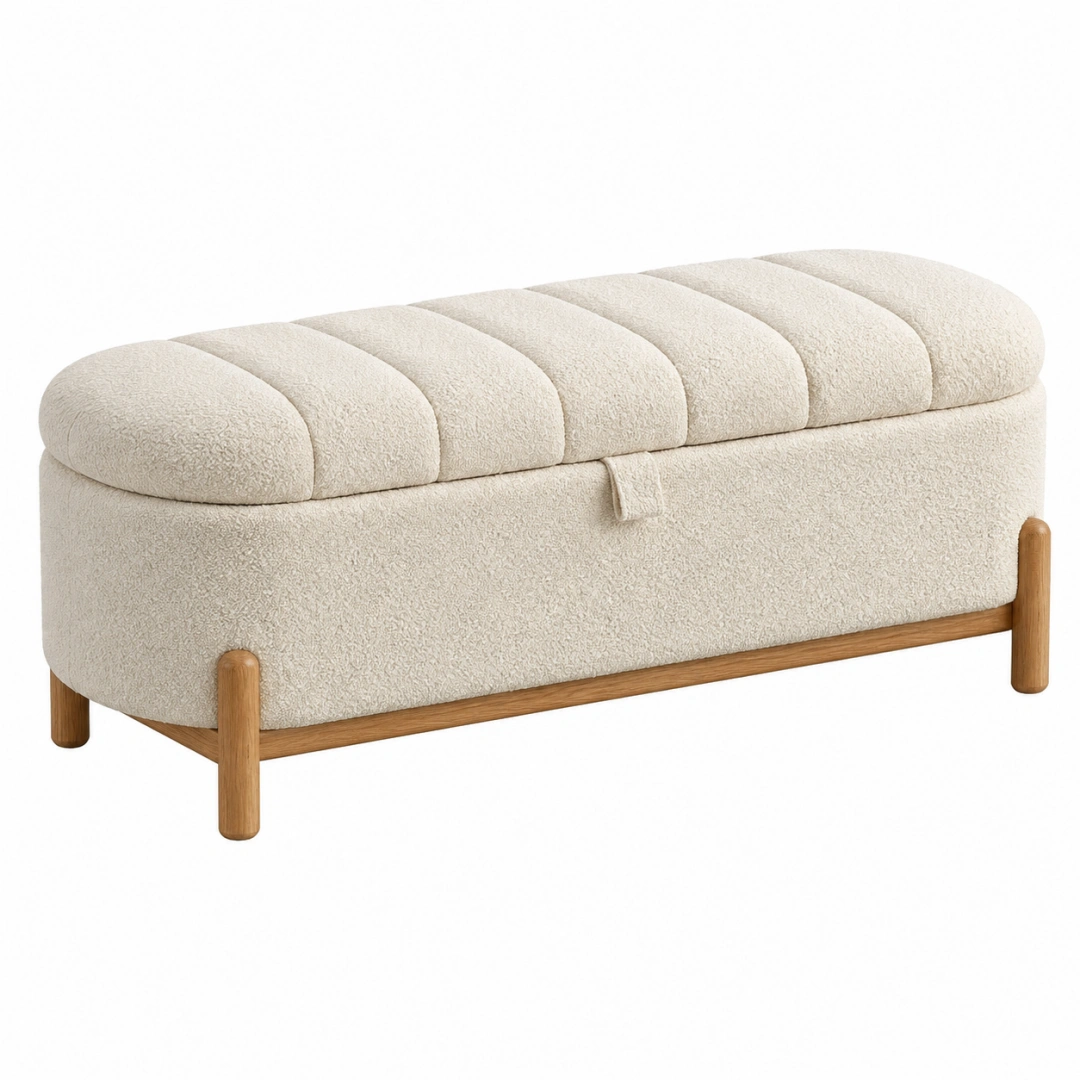 Banco arcón 120 x 45 x 48 cm bouclé crema con patas de madera para recibidor