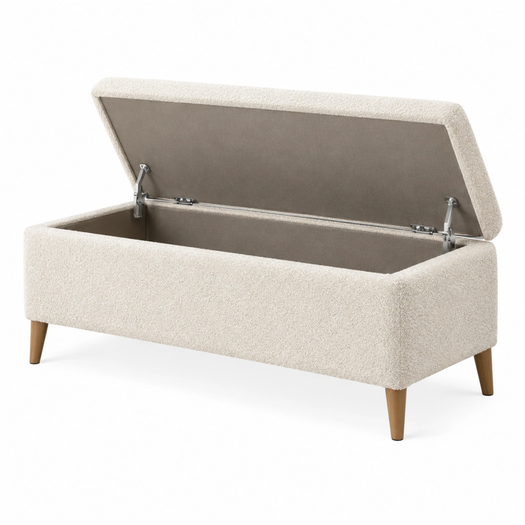 Banco arcón 110 x 45 x 48 cm tapizado bouclé crema con almacenamiento