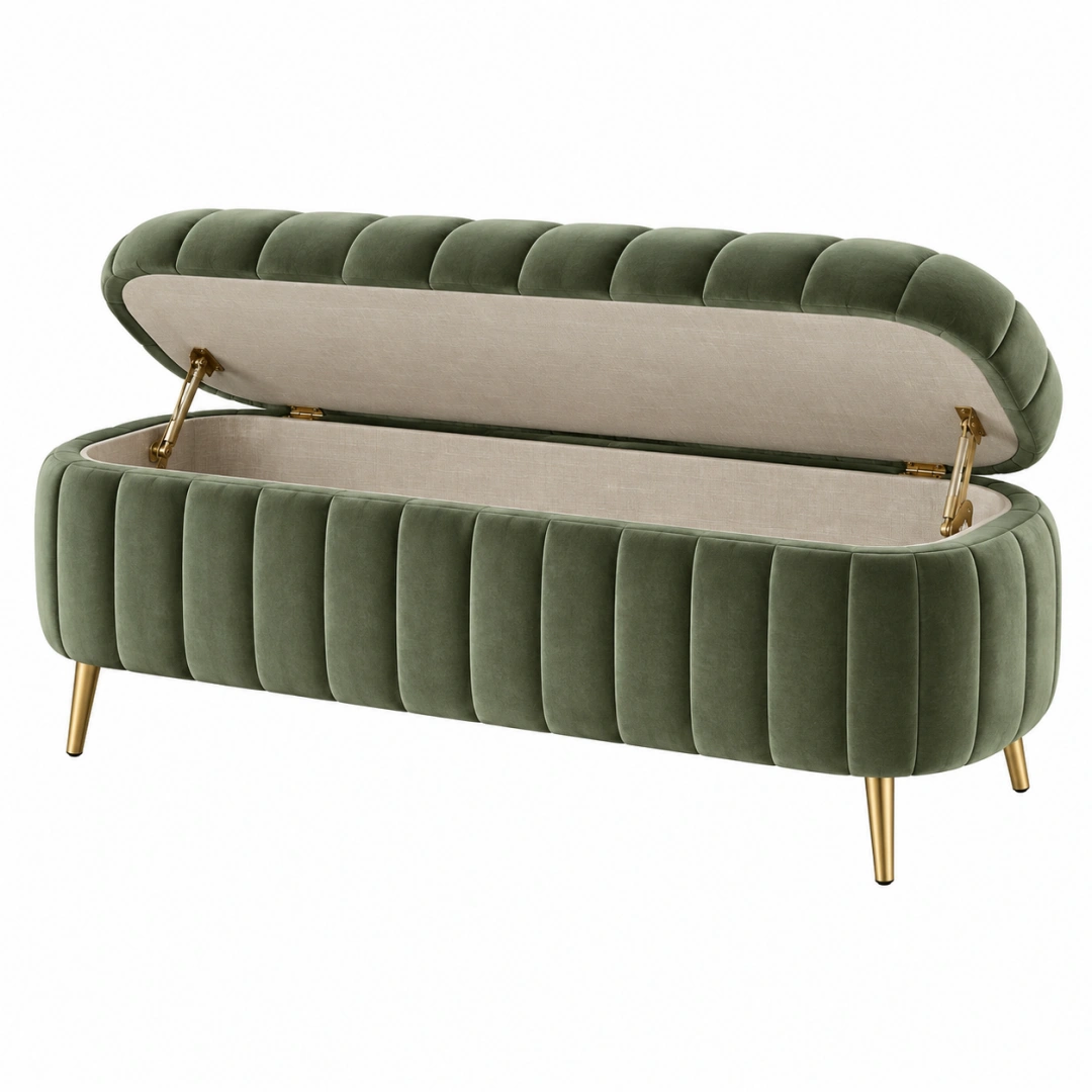 Banco de almacenaje 120 x 45 x 50 cm de terciopelo verde con patas metálicas estilo moderno