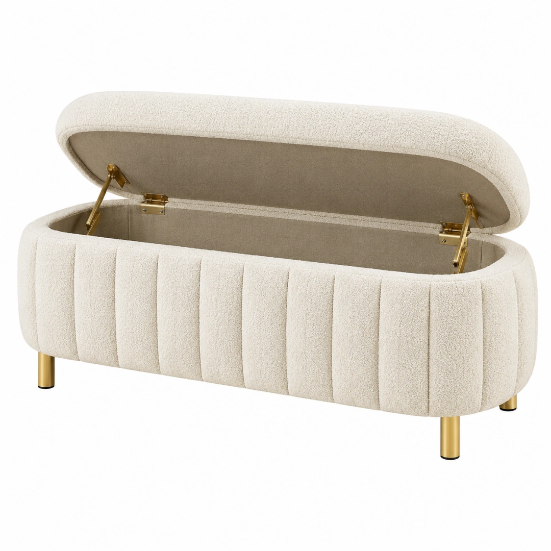 Banco de almacenaje 120 x 45 x 48 cm de tela bouclé crema con patas doradas