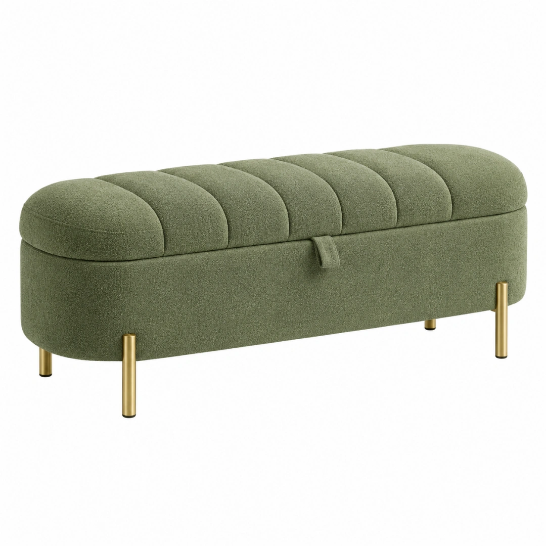 Banco de almacenaje 120 x 45 x 48 cm de tejido bouclé verde con patas metálicas doradas