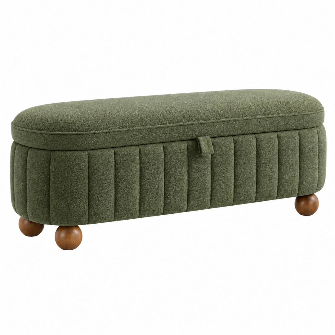 Banco baúl 100 x 40 x 45 cm tapizado textil verde con almacenamiento y patas de madera