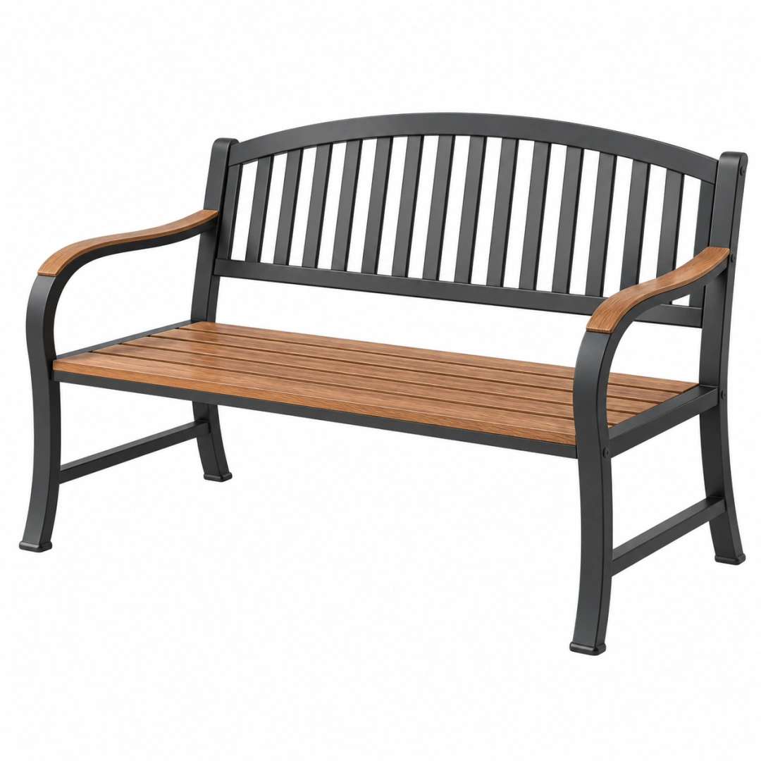 Banco de jardín 124 x 63 x 88 cm de metal y madera marrón negro con respaldo curvo