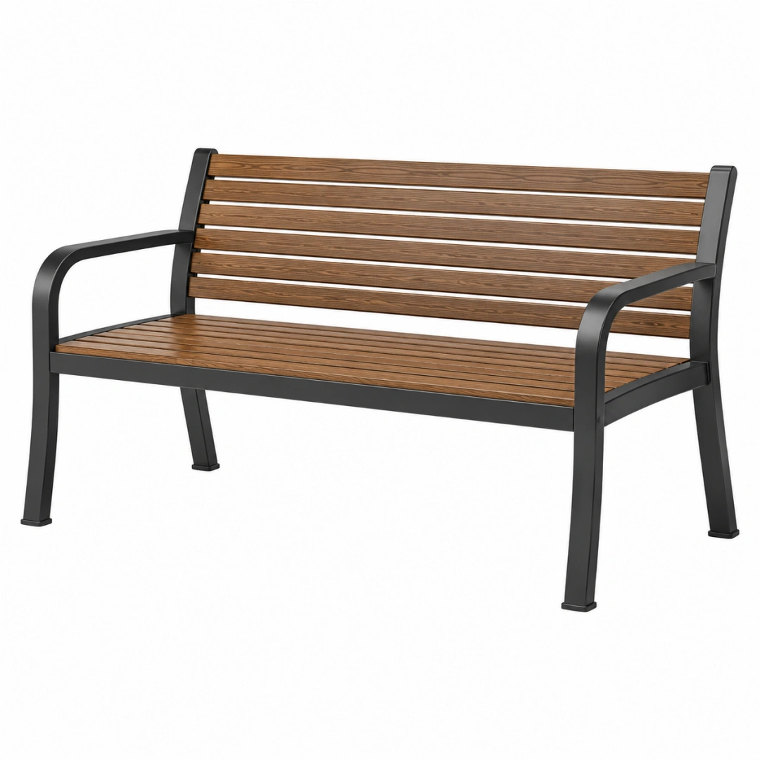 Banco de jardín 120 x 60 x 85 cm de madera y metal marrón negro con reposabrazos