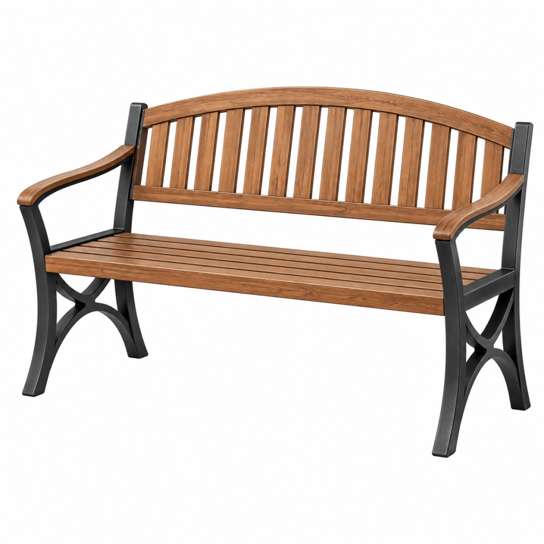 Banco de jardín 122 x 62 x 90 cm de madera y metal marrón y negro con respaldo curvado