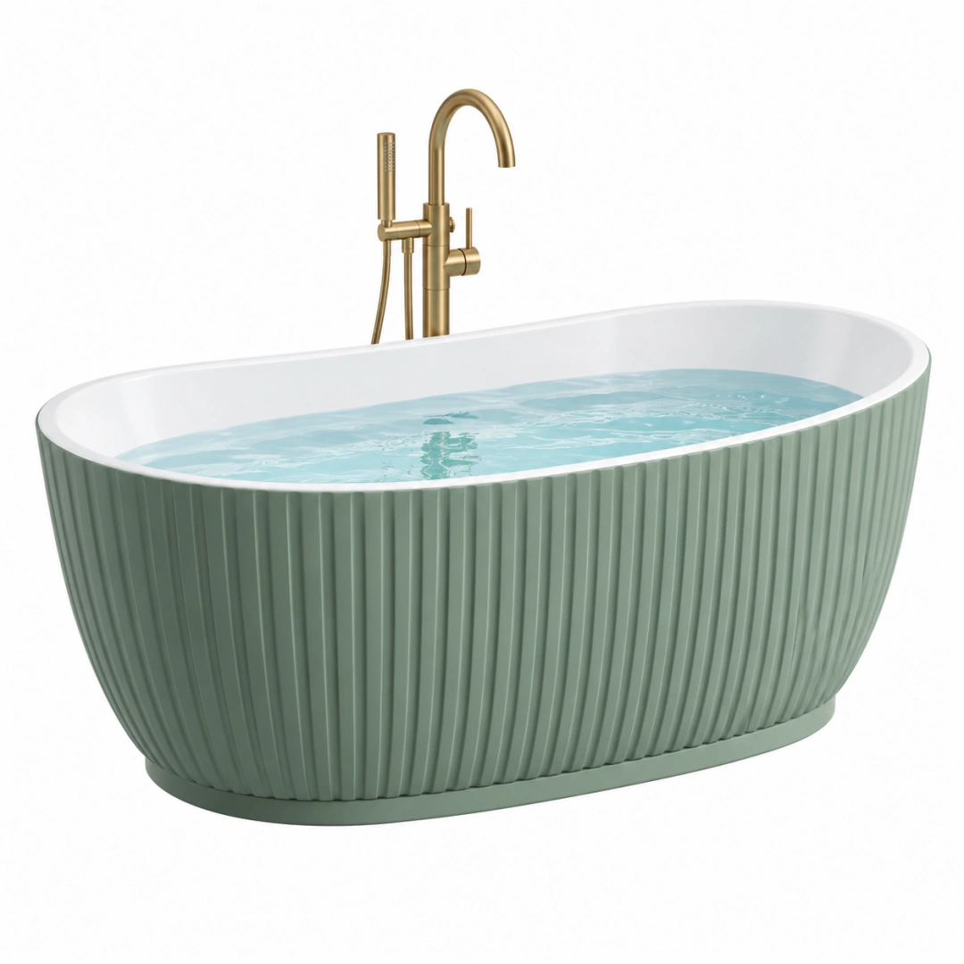 Bañera independiente 170 x 75 x 58 cm de acrílico verde salvia y blanco con relieve acanalado