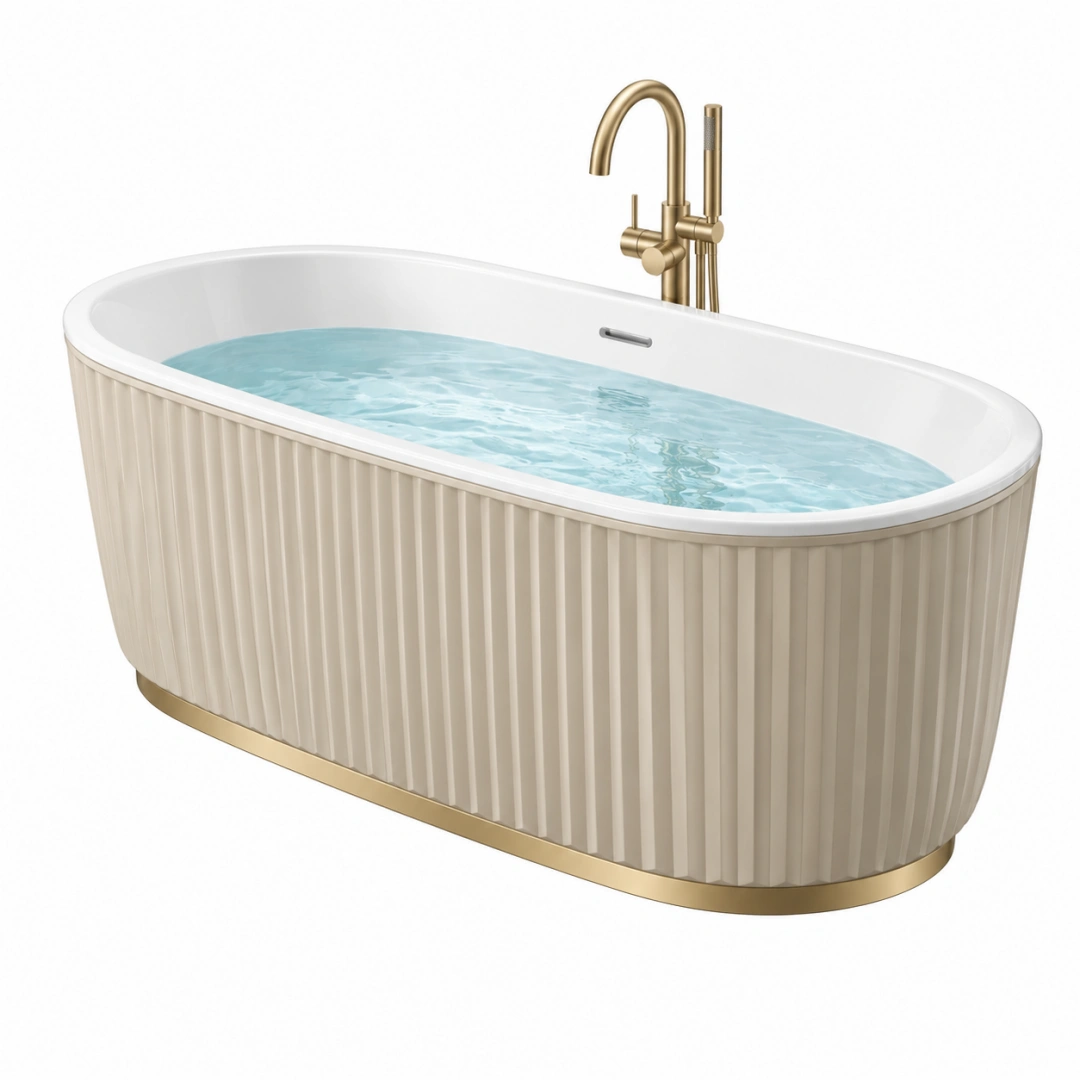 Bañera independiente 170 x 75 cm de acrílico blanco con base dorada estilo contemporáneo