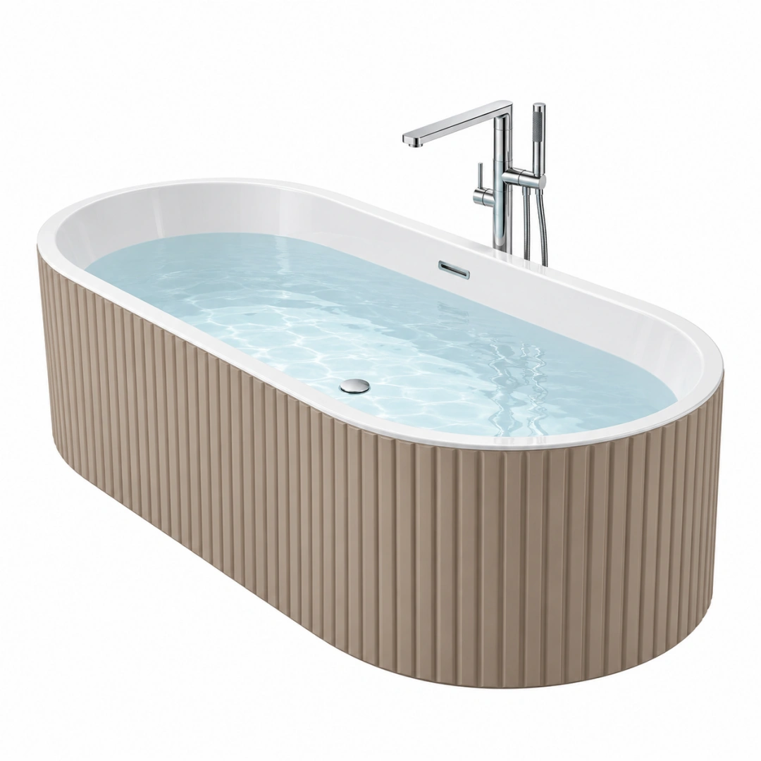 Bañera exenta 170 x 75 cm de acrílico blanco y beige - diseño ovalado acanalado para baño